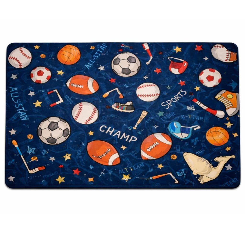 Tapete Quarto Infantil Antiderrapante Emborrachado Tatame Esportes Bola Futebol Menino Azul Marinho