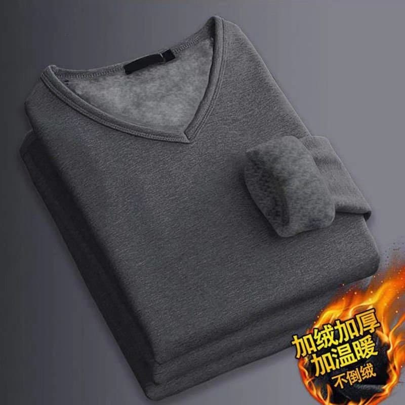 Camiseta masculina de inverno com decote em V, manga comprida, roupa íntima térmica, lã de lã, camisa de fundo, cor sóli