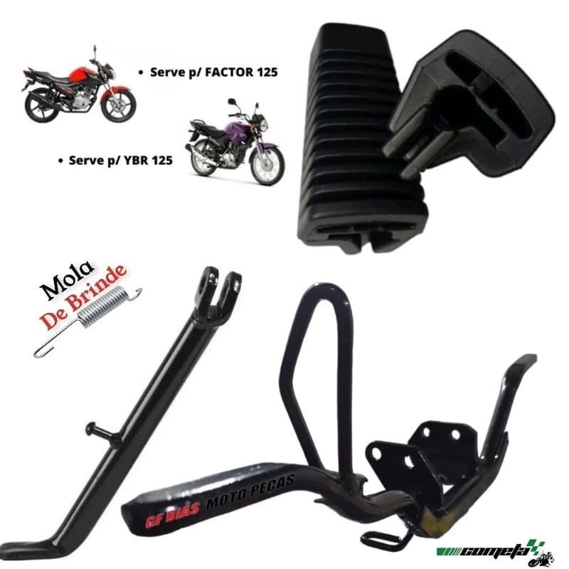 KIT ESTRIBO MACIÇO CAVALETE LATERAL PAR DE BORRACHA MOLA YAMAHA YBR - FACTOR 125 2008 a 2014