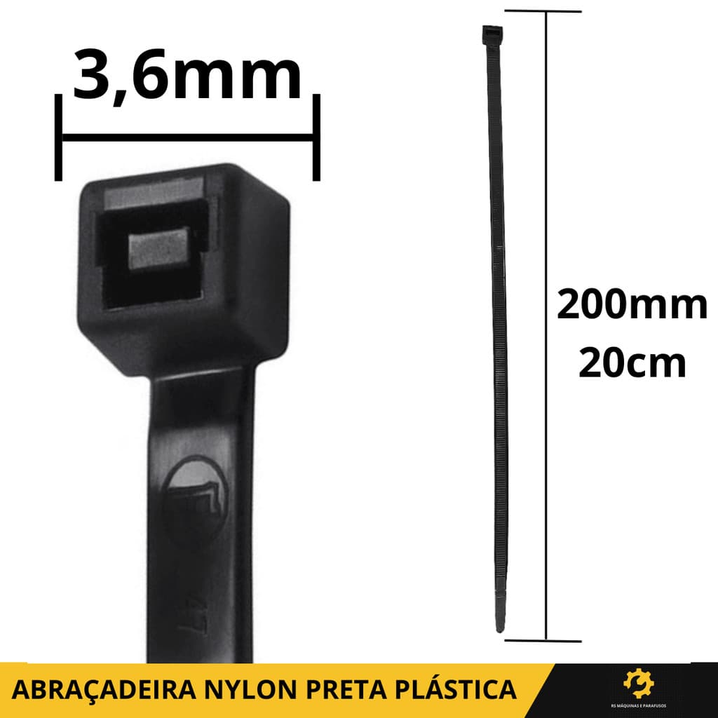 100pçs Abraçadeiras Nylon Pretas 3,6 x 200mm Enforca Gato Plástica para Cabos Fixação Noll 80.0057