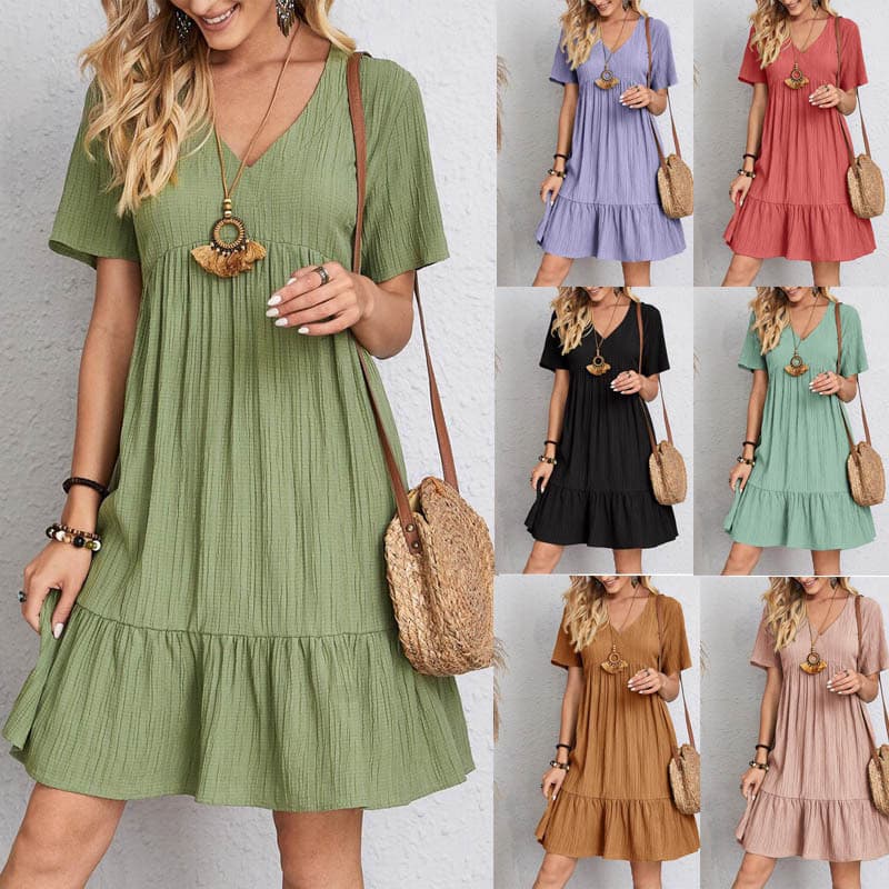 Vestidos De Verão Manga Curta Com Decote Em V Algodão Linho Solto Casual Feminino Cor Sólida Plus Size