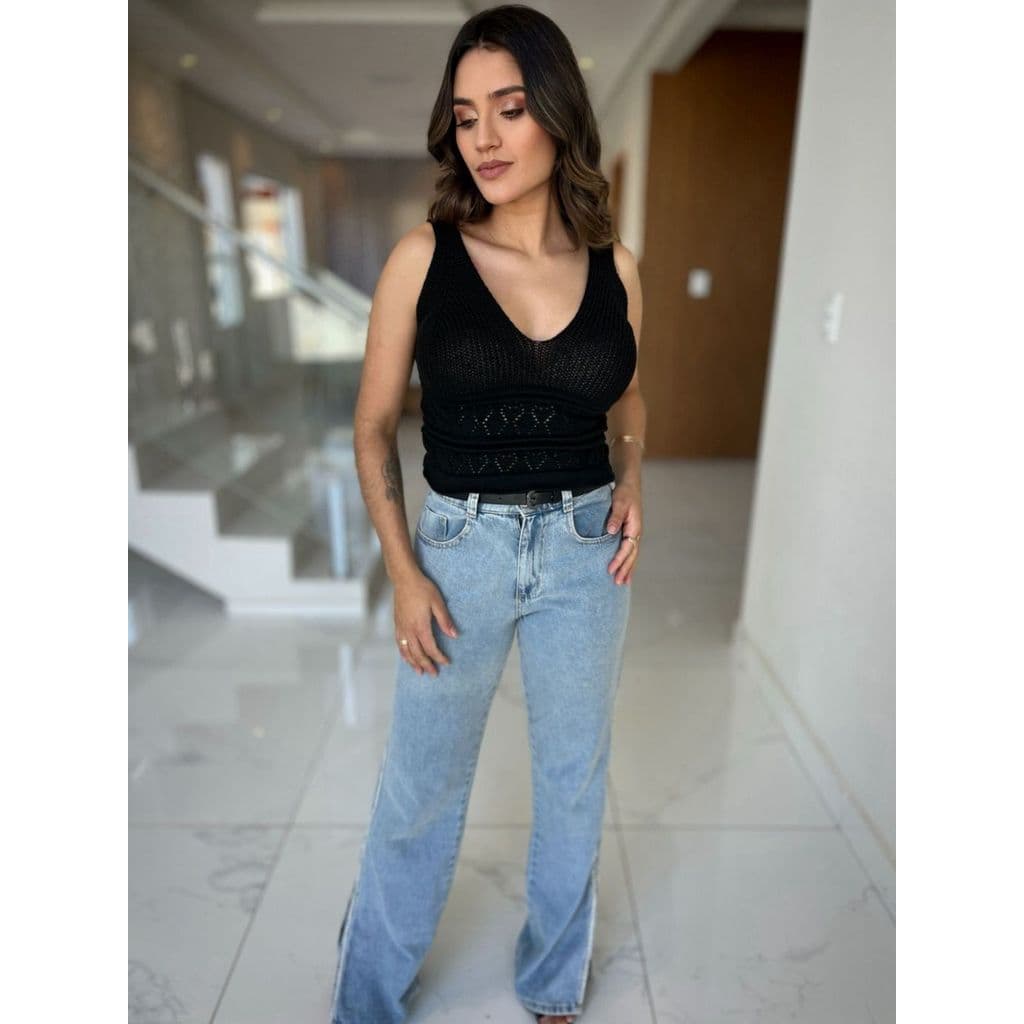 Top Cropped Feminino em Tricot Trabalhado Cintura Ajustada Confortável Tendência Verão