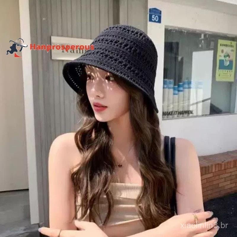 Hanprosperous > Chapéu De Palha Coreano De Praia Verão Feminino Viseira Respirável Chique Balde Chapéus Pescador Mão Tec