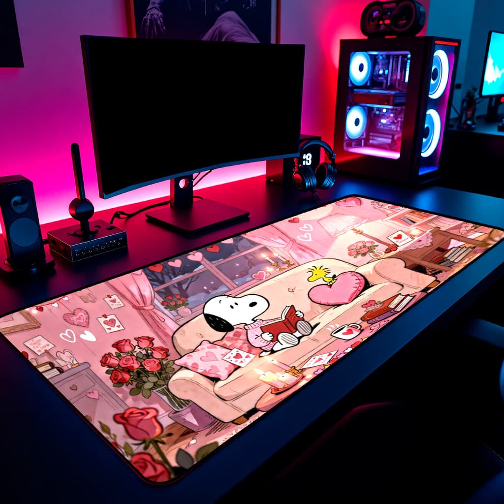 Mouse Pad Gamer Snoopy Coração Rosa 65x30cm 80x40cm 90x50cm 120x60cm Borda Costurada (2)