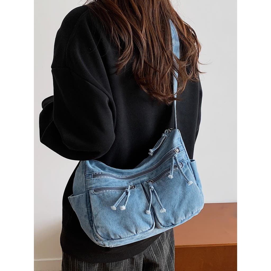 bolsa jeans feminina novo estilo nicho Design Multi-bolso mensageiro Feminino All-match Casual Commuter de o