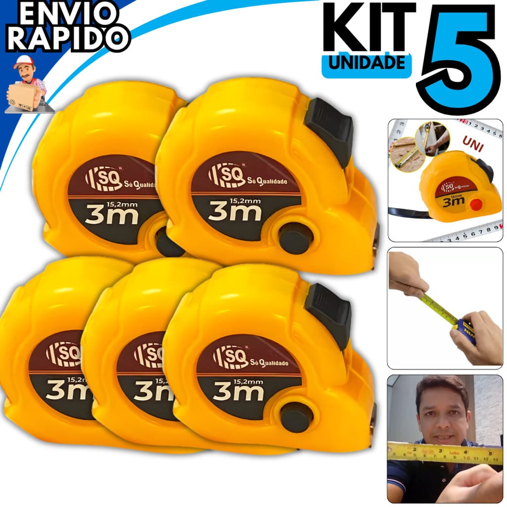 Kit 05 Trenas Métricas 3M Fita de Medição Profissional com Trava de Segurança