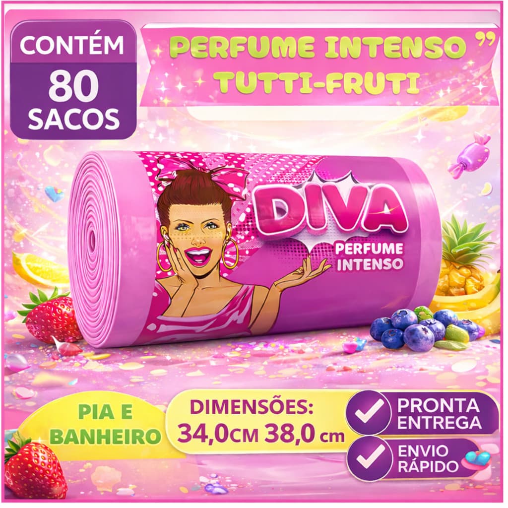 Saco de Lixo Perfumado IntensoTutti-Frutti | 80 Sacos -34x38cm| PIA e BANHEIRO/ Afasta Moscas