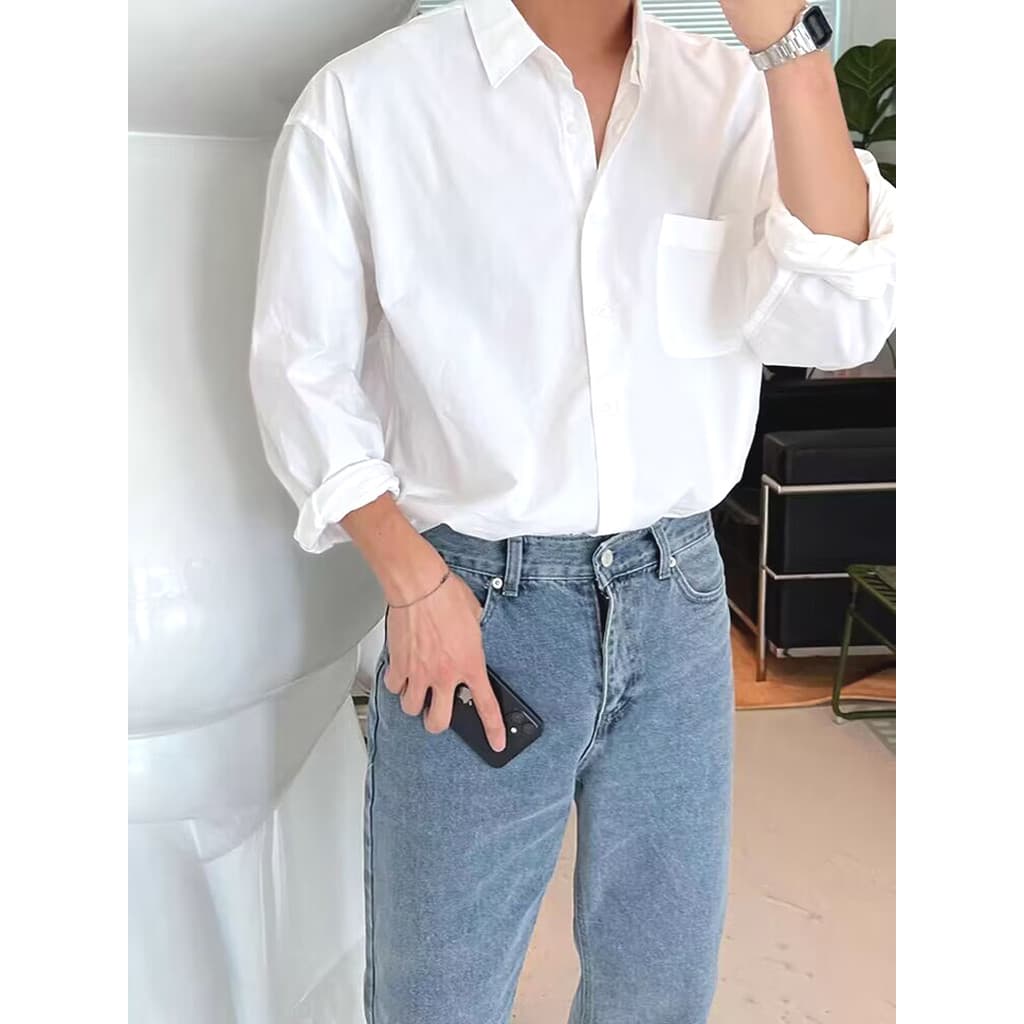 Camisa branca de alta qualidade masculina americana solta de manga comprida não-ferro Anti-rugas sem costura camisa gera