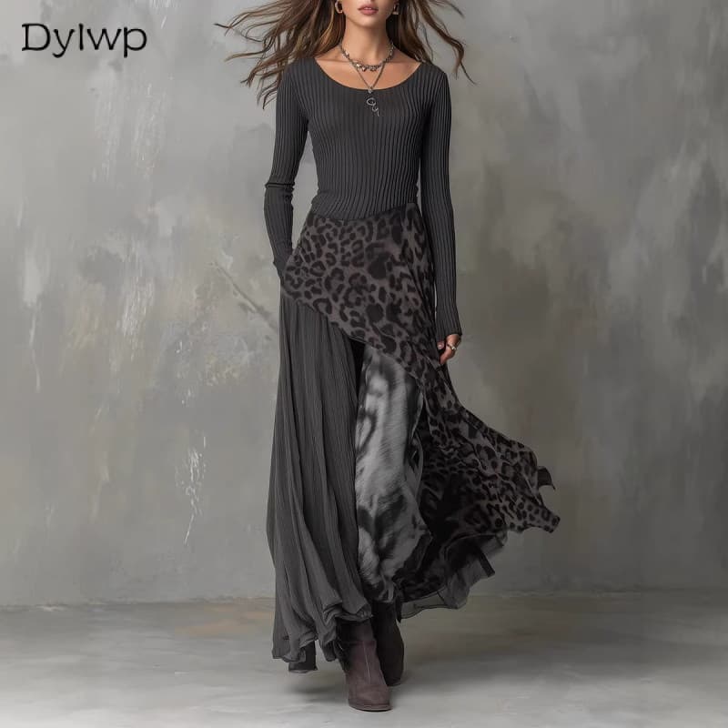 Vestido Maxi Feminino Com Estampa De Leopardo Manga Comprida Patchwork Cintura Elástica Longo Casual &-* -