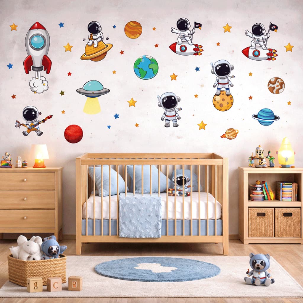 Quarto Infantil - Adesivo de Parede - Astronautas Foguetes Estrelas - Contém 160UN Diversos Tamanhos