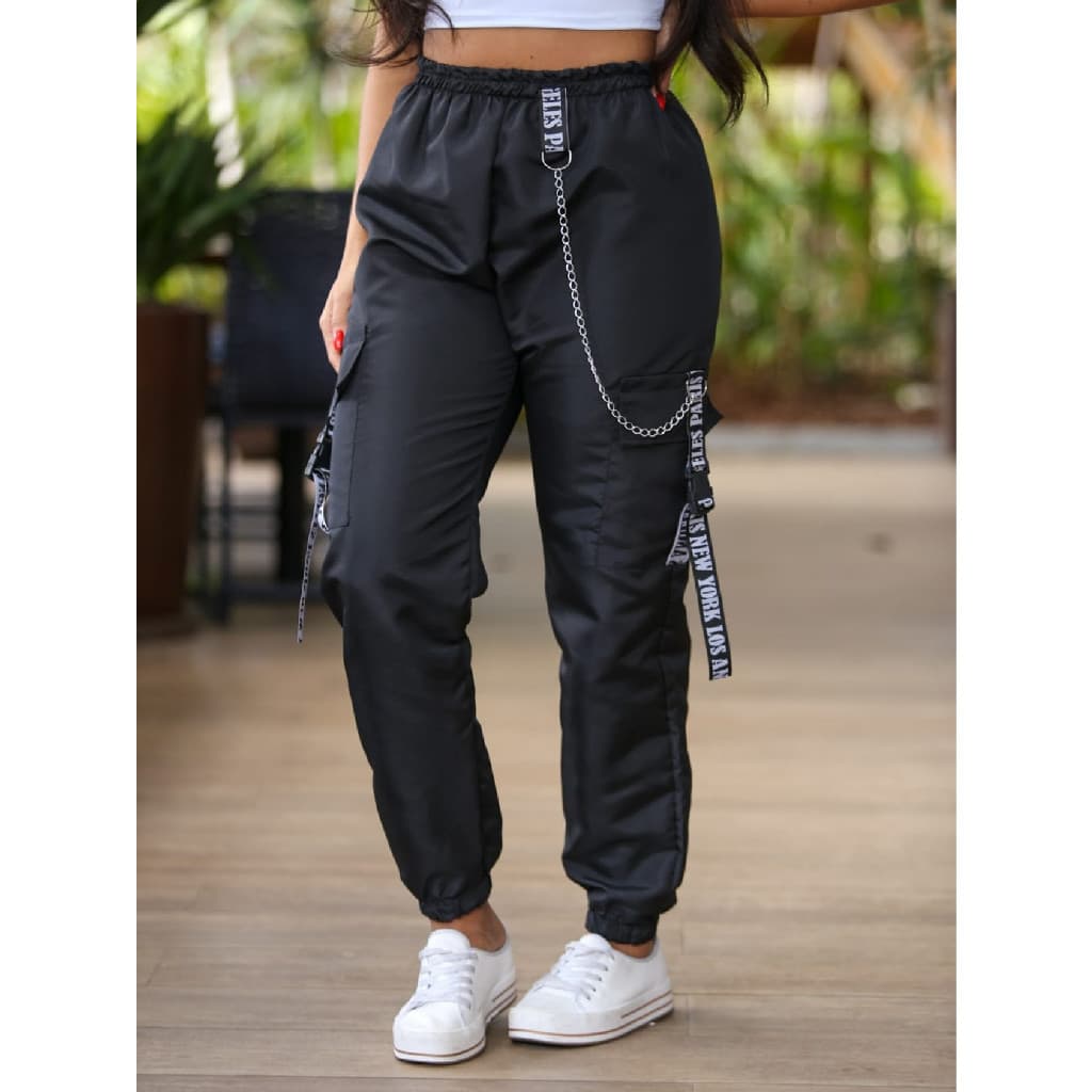 Calça Jogger Cargo bolsos laterais Premium Feminina Com corrente e detalhe refletivo Moda infantil