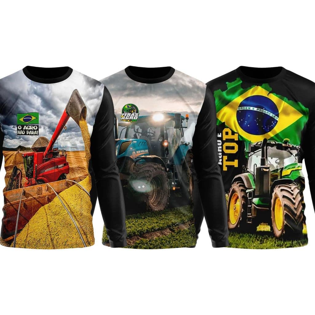 KIT 3 Camiseta UV Manga Longa Agro Proteção Solar  Estampa Colheitadeira