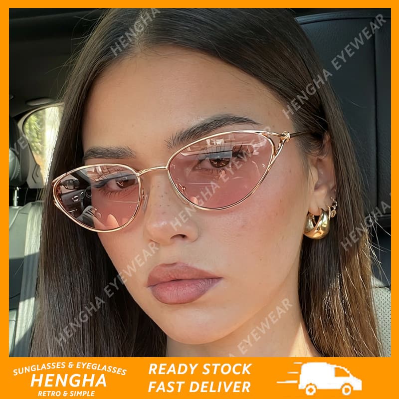 (HENGHA) Óculos De Sol Femininos Retrô Olho De Gato – Armação De Metal Pequena , Detalhes Em Nó De Corda , UV400 , Ouro