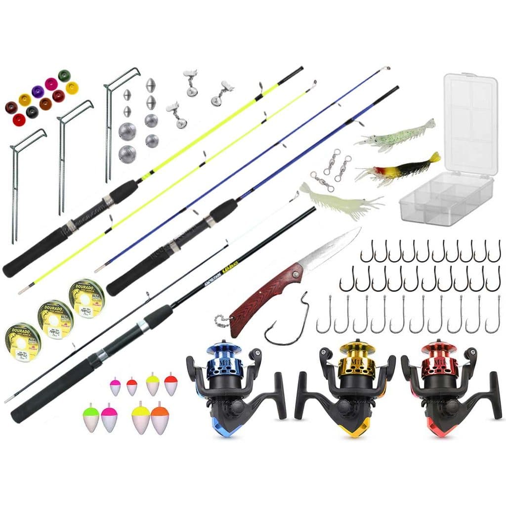 Kit de Pesca c/ 3 Varas Para Molinete 1,20m + 3 Molinetes + Estojo C/ Acessórios (Ref. 98)