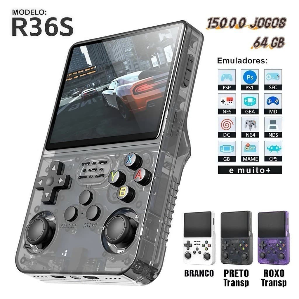 R36S + Console Portátil 15.000 + Videogame 64g Tela Linux IPS 3.5 Polegadas Entrega De Prompt