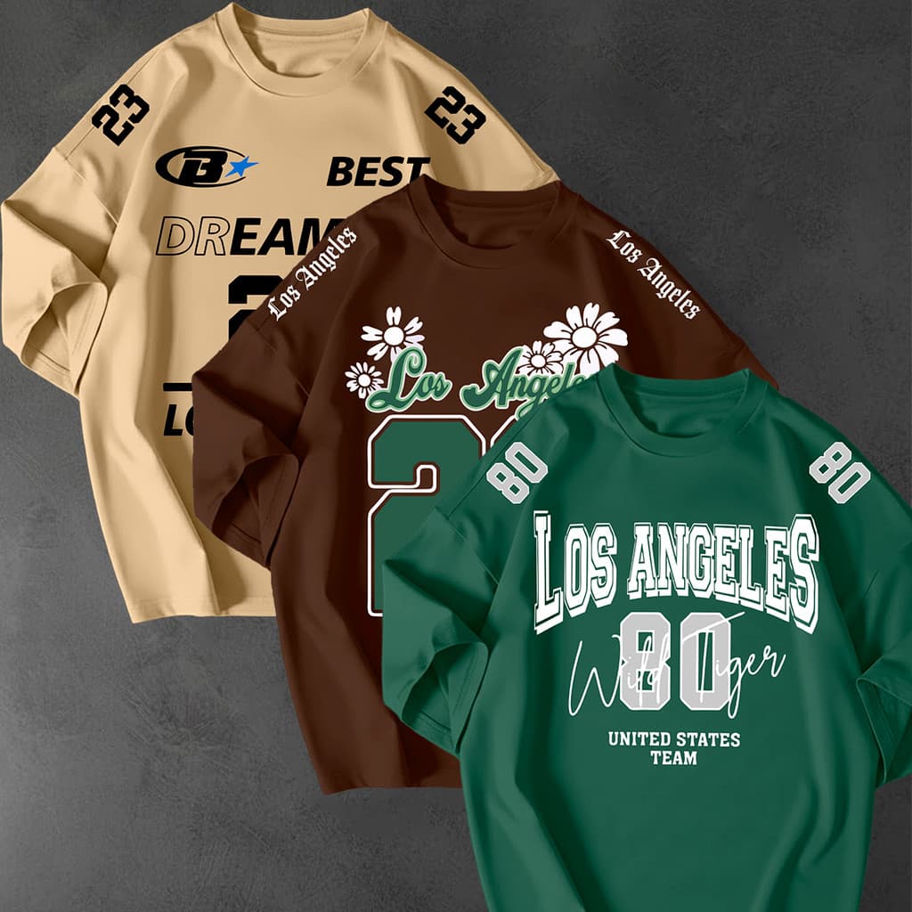 Kit 3 Camisetao Oversized Los Angeles Estampa Urbana Unissex Algodao Fio 30.1 Gringa Grande LA Top