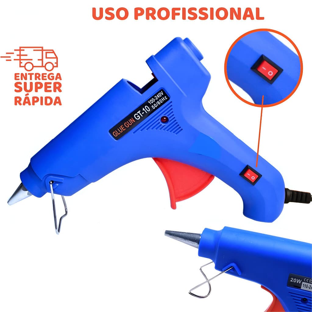 PISTOLA DE COLA QUENTE PROFISSIONAL 100W BIVOLT COM BASTÃO GROSSO 11/12MM ALTA POTÊNCIA PARA ARTESANATO E REPAROS