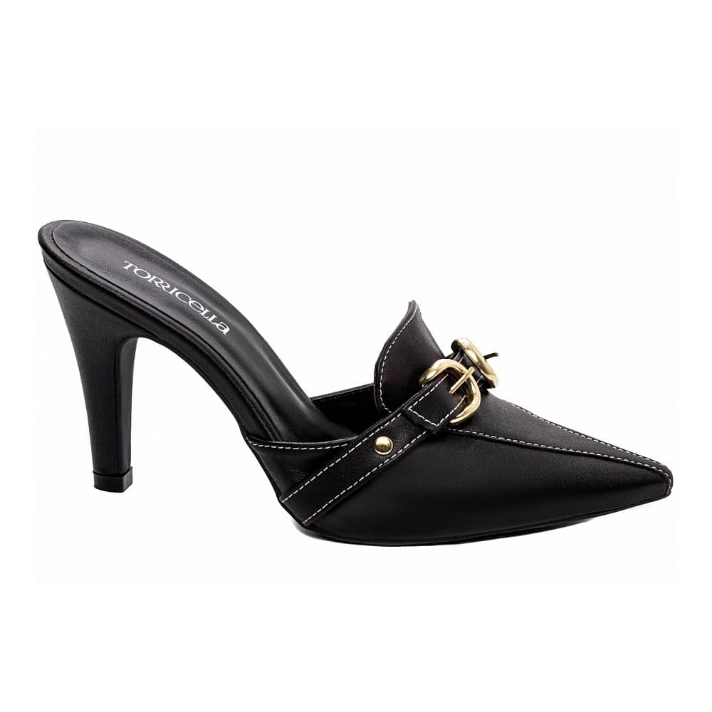 Sapato Scarpin  Tamanco Salto Alto Fino Bico Fino Fivela Preto