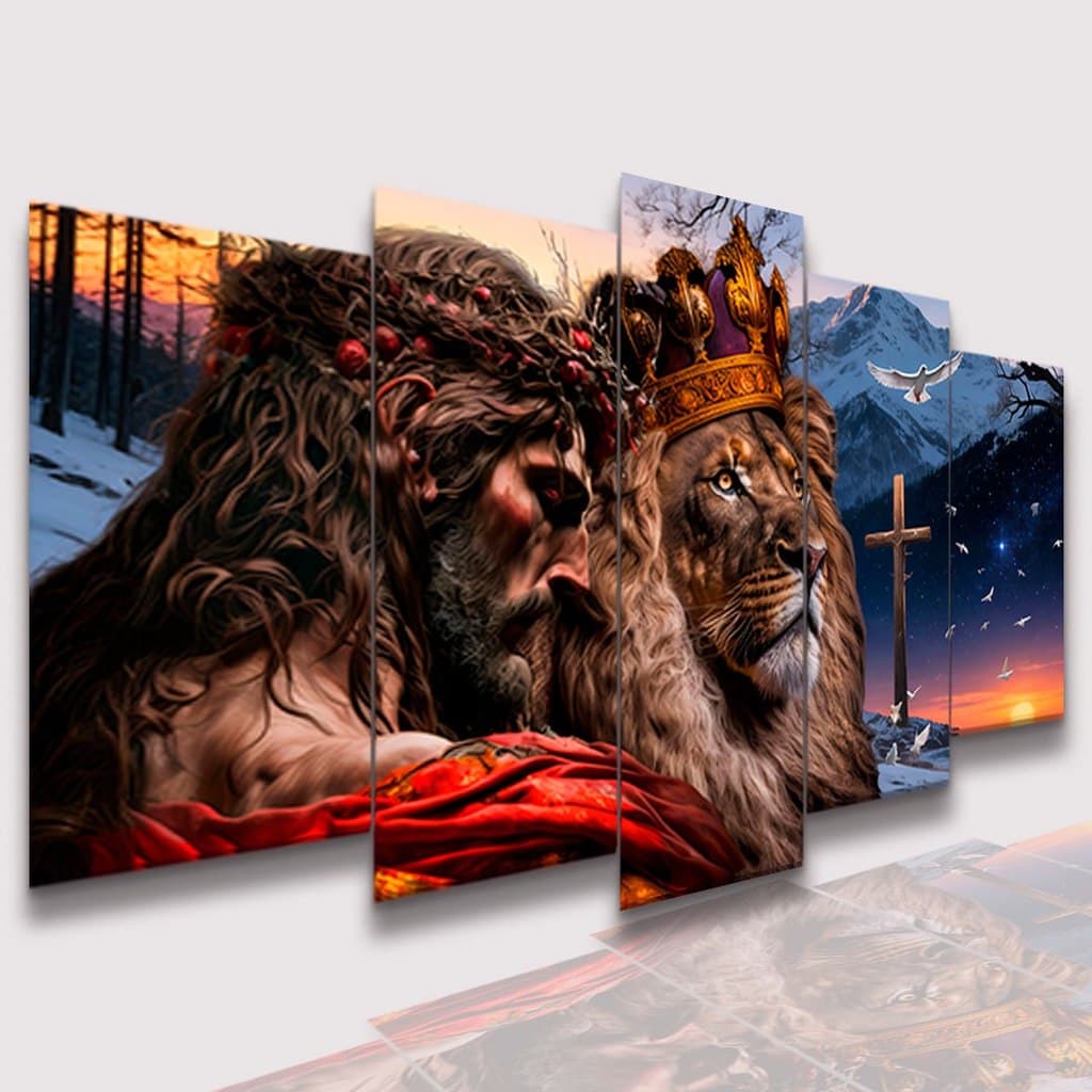 Conjunto de Quadros Decorativos Cristão Mosaico Leão de Judá Kit Parede Sala Quarto
