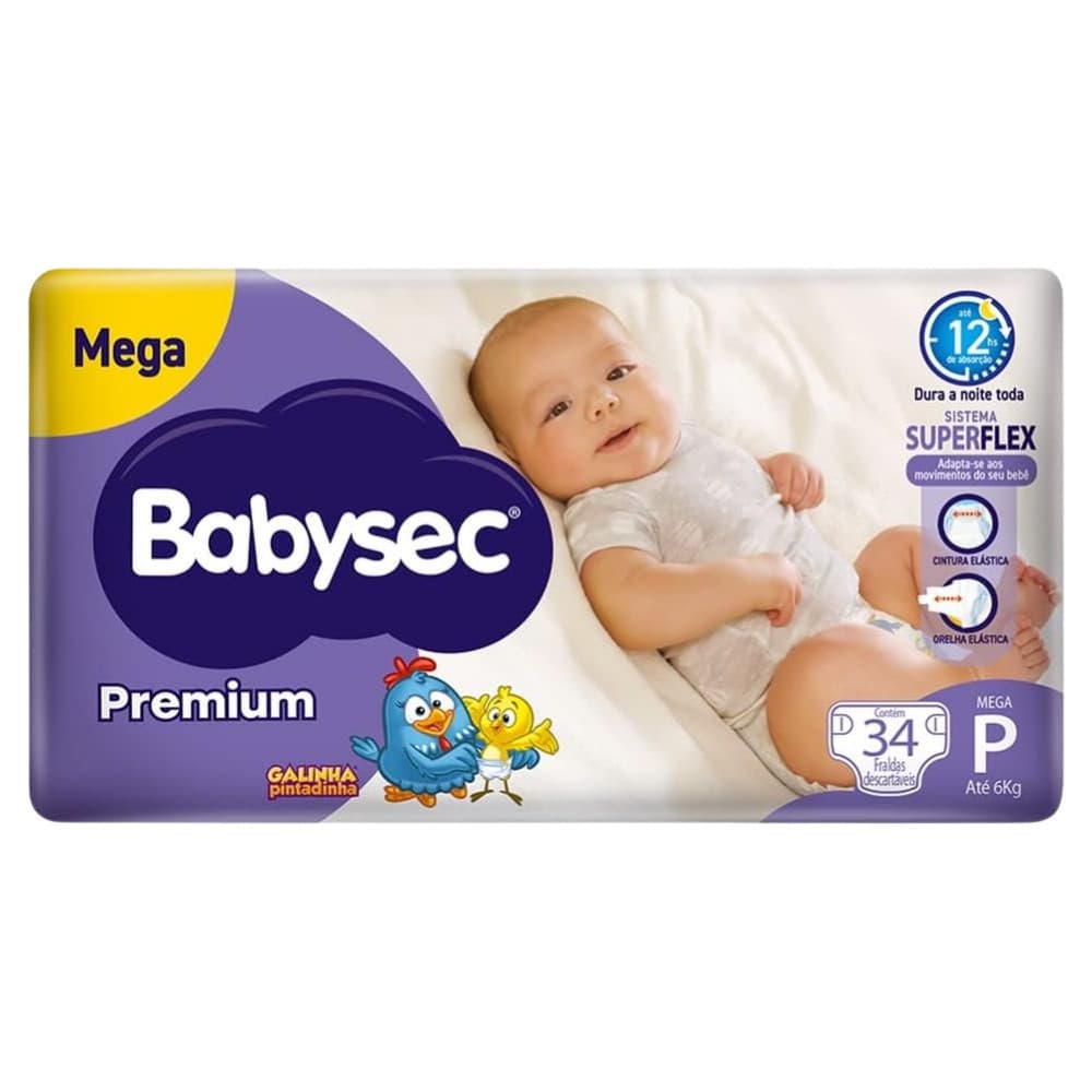 Super Fralda BabySec Premium Mega P c/34un Galinha Pintadinha -Bebê sequinho por mais tempo