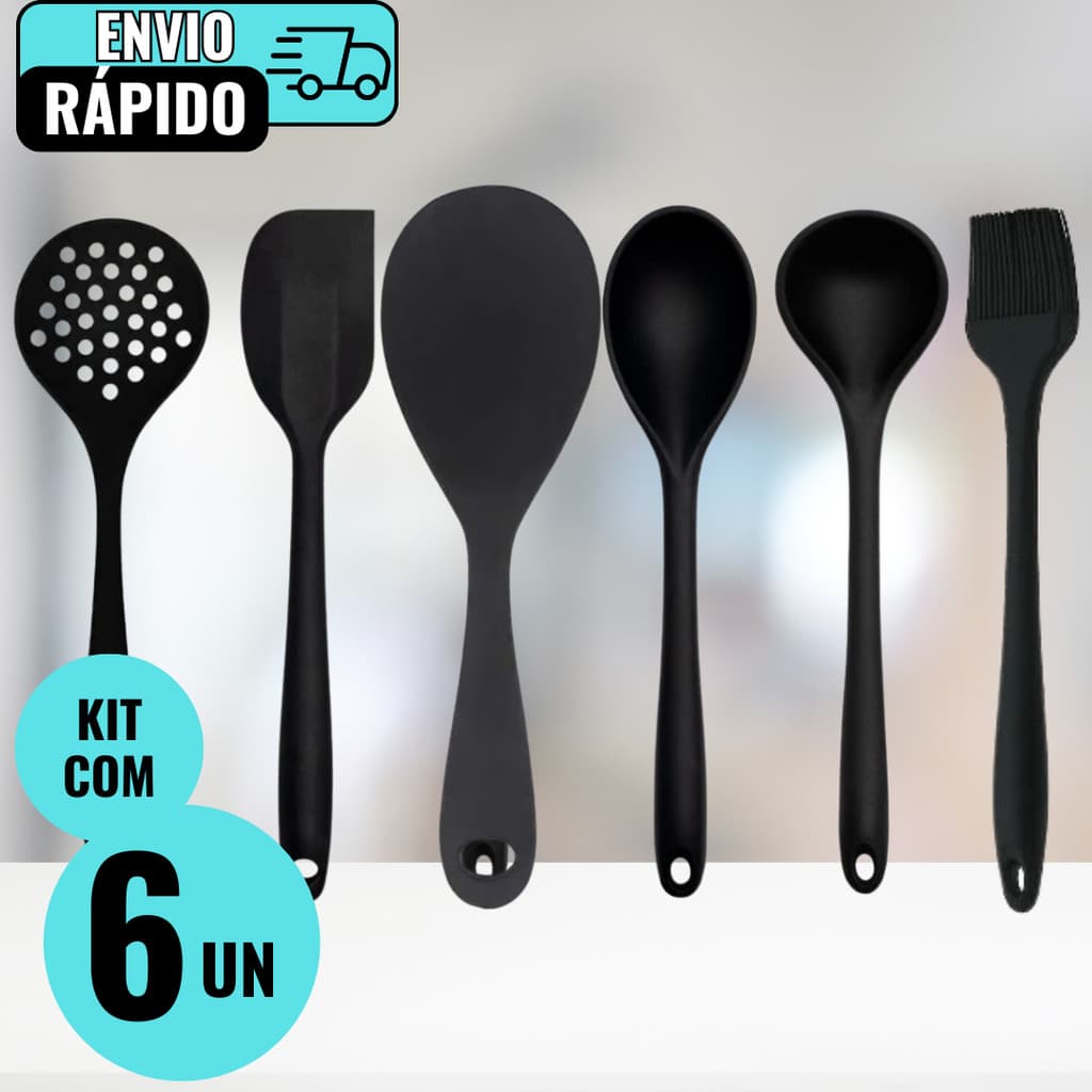 Kit Cozinha 6 Utensílio De Cozinha Premium Em Silicone Preto Vermelho Refeição Domicílio Restaurante