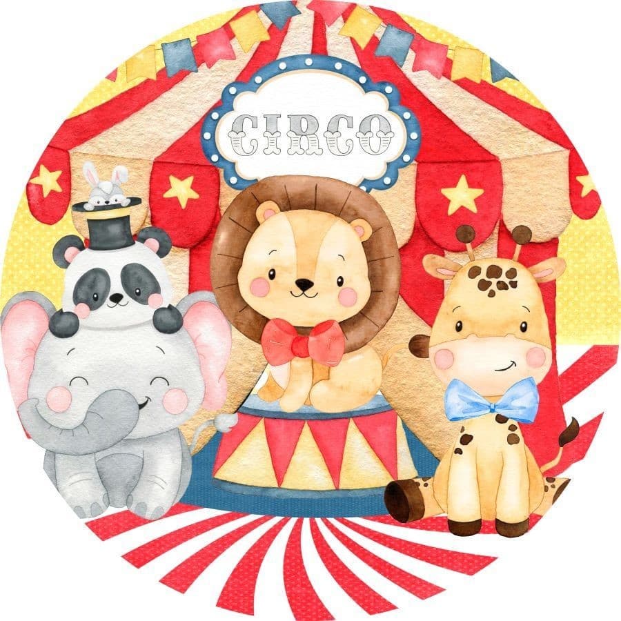 Capa para Painel Circo Mini Redondo 50x50cm Tecido Sublimado Colorido Palhaço Acrobacias Aniversário