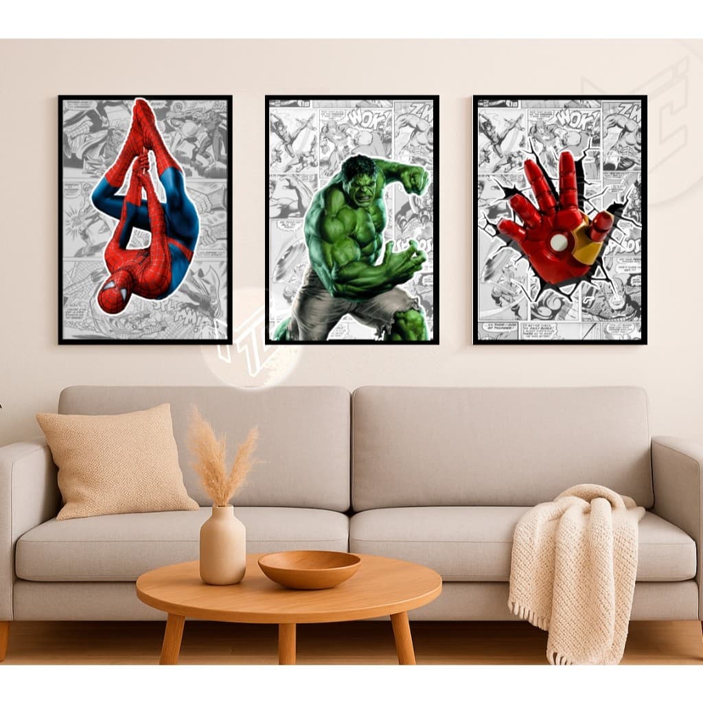 Kit Quadro Decorativo Marvel Vingadores Spider-Man, Hulk e Iron Man Decoração Geek Moderna