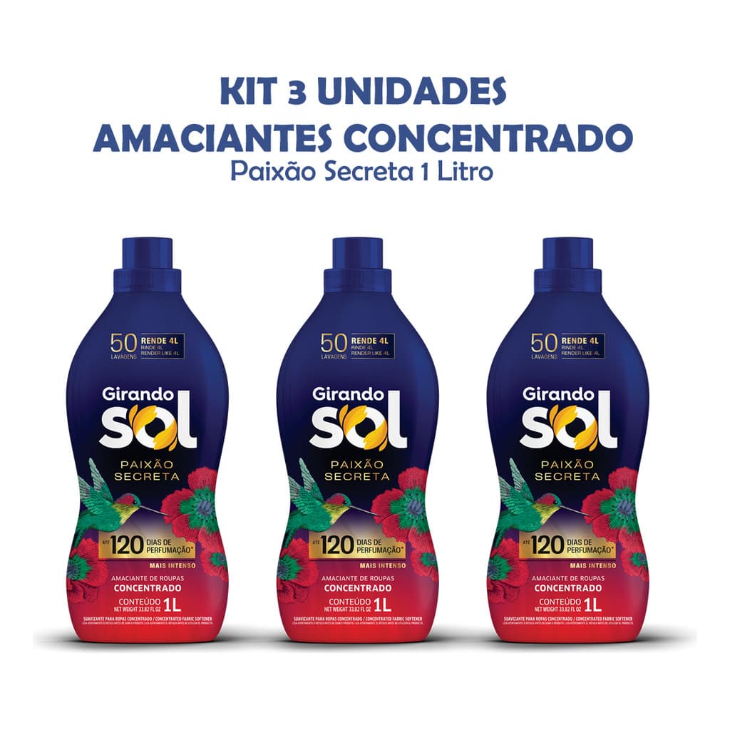 Kit 3 Amaciantes Concentrado Girando Sol Paixão Secreta 1l