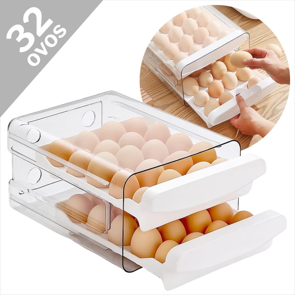 Gaveteiro Empilhavel Porta Ovos Duplo 32 Ovos Organizador Plastico Para Geladeira