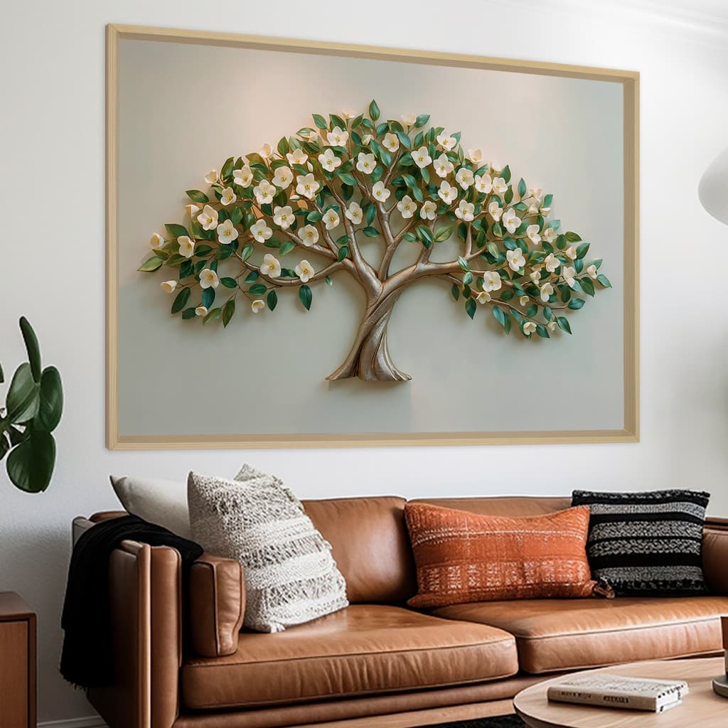 Quadro Decorativo Árvore Floral Branco e Verde, Sala, Quarto, Escritório, Acabamento com Moldura