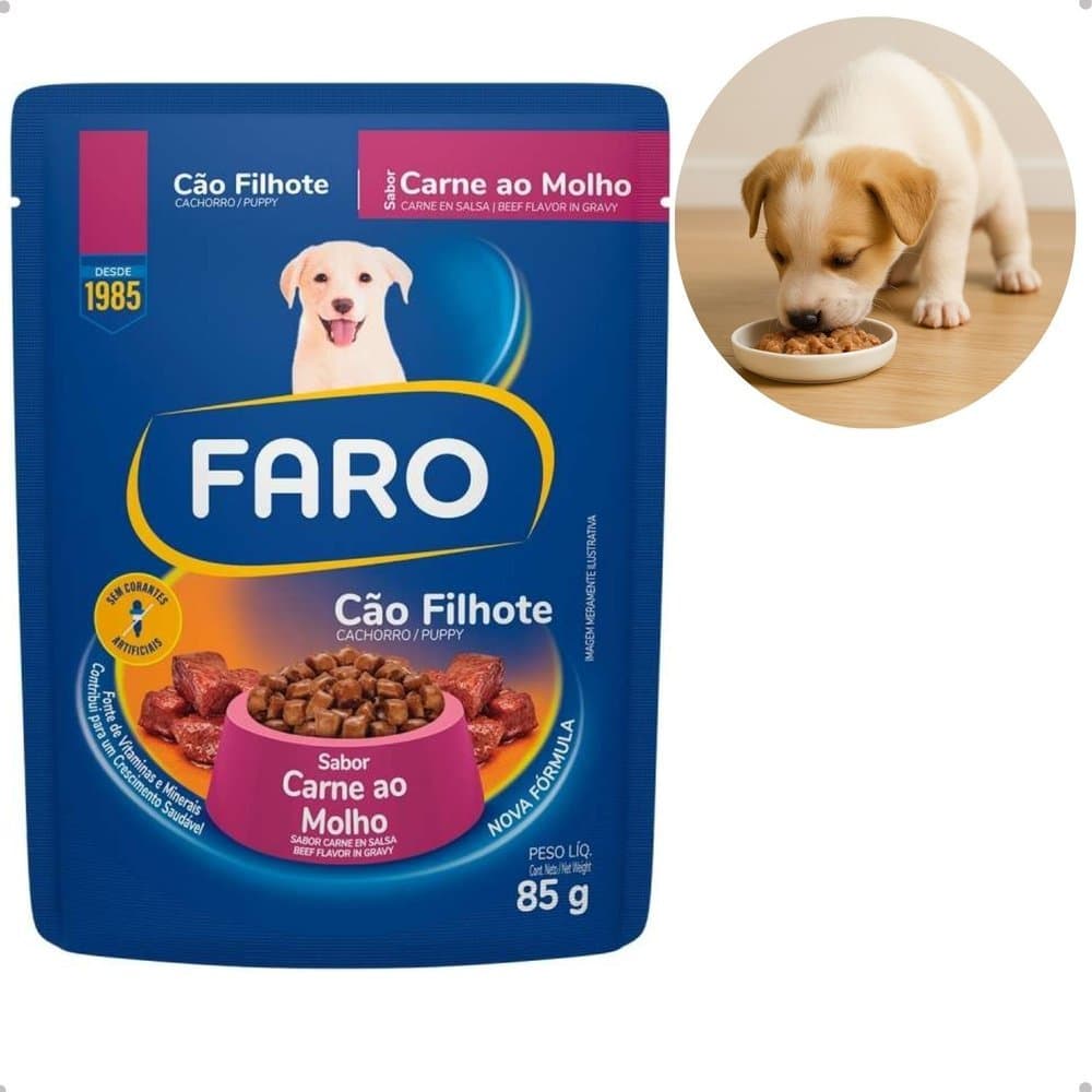 RAÇÃO ÚMIDA FARO SACHES PÇARA CAES FILHOTES 18X85GR