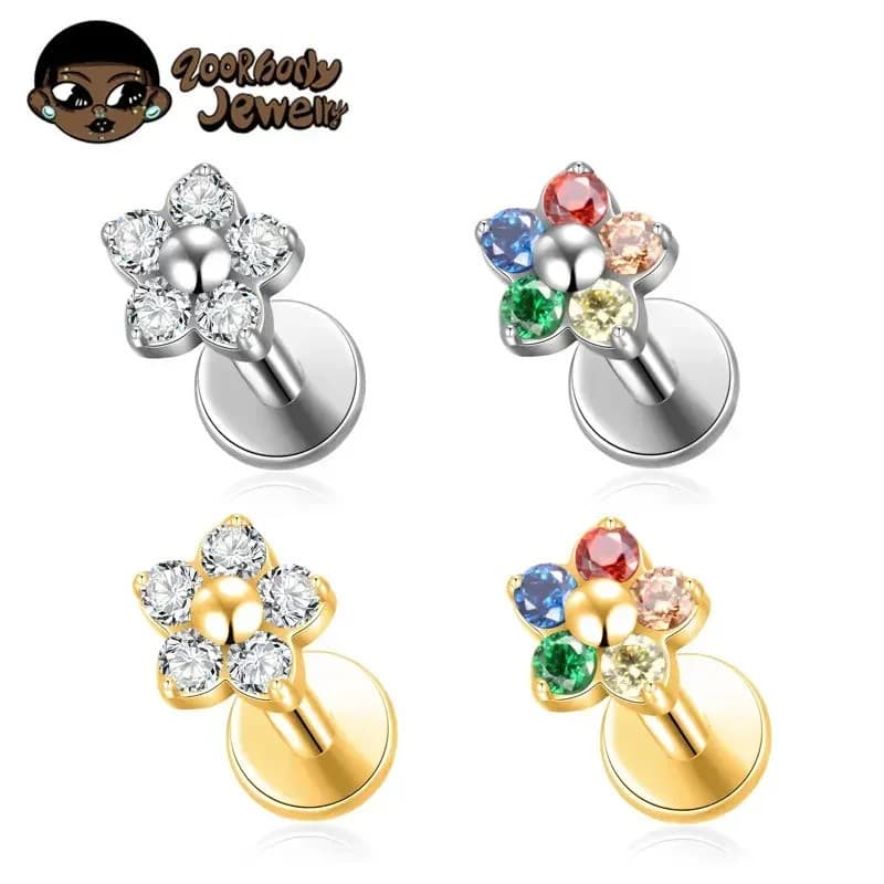 Piercing Labret Titânio Flor Zircônia | Helix, Tragus, Conch, Nariz, Boca-Medusa e Outros Piercing Trágus