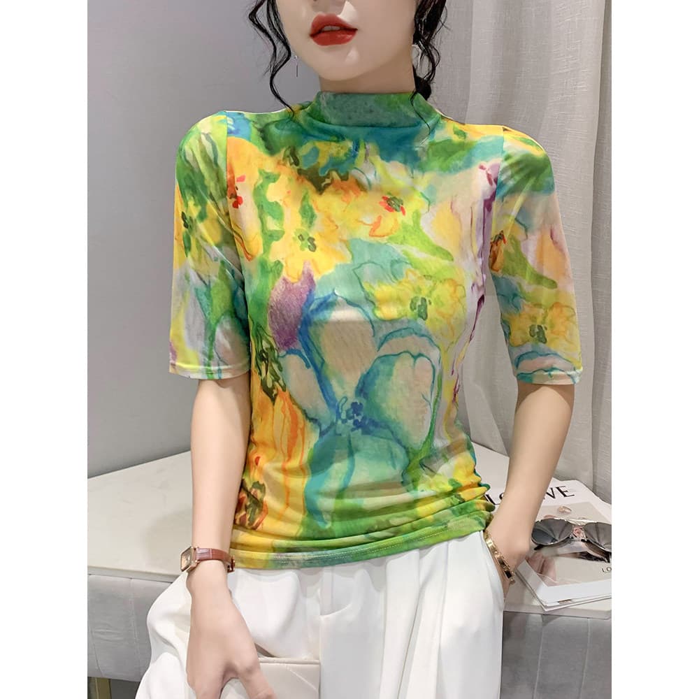 Camisa de fundo de gola meia alta feminina primavera outono moda impressa gaze camiseta feminina manga média magro ajust