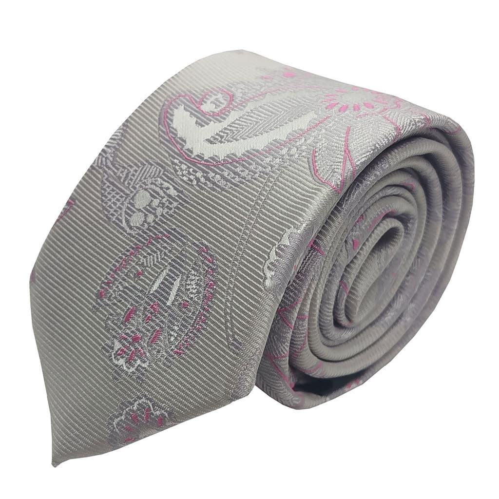Gravata Semi Slim Cinza Bordados Rosa