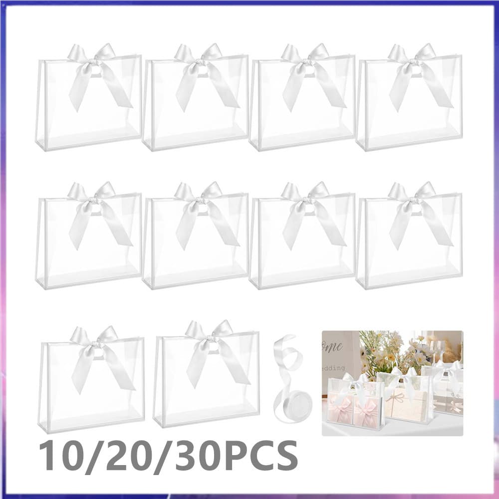 Saco de presente de PVC transparente transparente 10/20/30pcs Sacola de fita branca Bolsa de lembrança