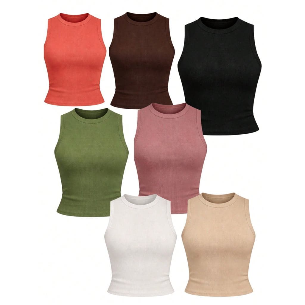 kit 7 Blusas Feminina Decote Redondo Regata Casual Básica Simples para o Dia a Dia Varias Cores
