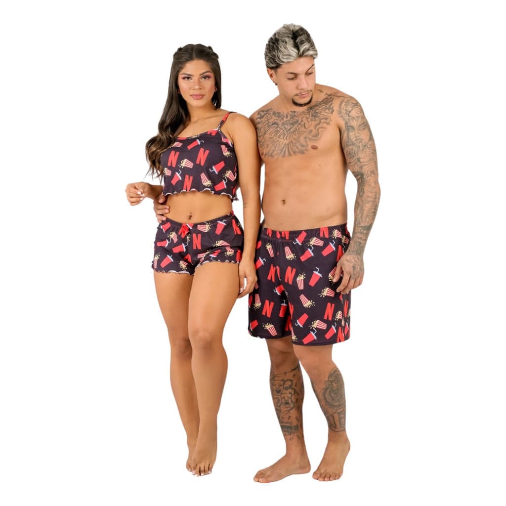 Kit Casal Mozão tema Netflix Baby Doll Short e Bermuda para Dormir blogueirinha