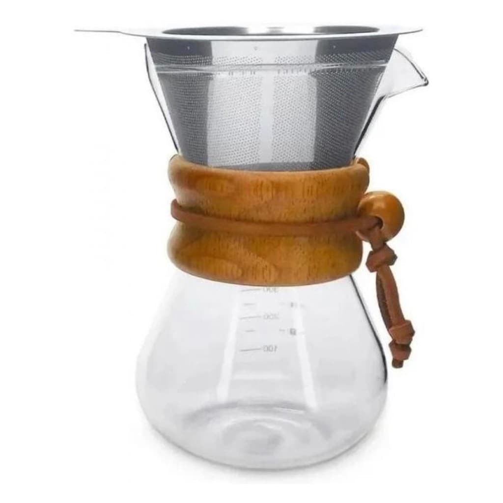 PASSADOR DE CAFE VIDRO E LAÇO MADEIRA + GANHA FILTRO INOX
