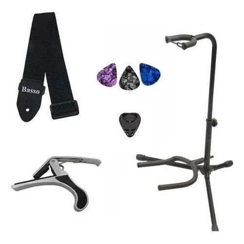 Suporte De Chão Violão+ Capo+3 Palhetas+ Correia+ Porta Palh