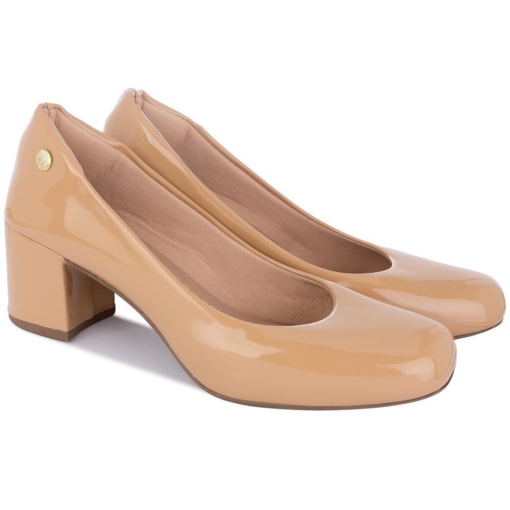 Sapato Scarpin Feminino Salto Grosso Bico Quadrado Verniz