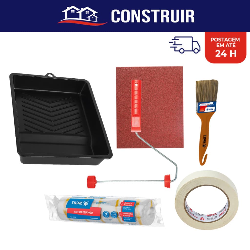 Kit Pintura De Parede Rolo Lã Com Fita Crepe E Pincel Com 6 Peças Ideal Para Profissionais