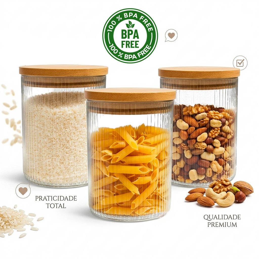 Kit 3 Potes de Vidro Canelado 700ml Aesthetic Tampa Bambu Organização Não pega cheiro cantinho café