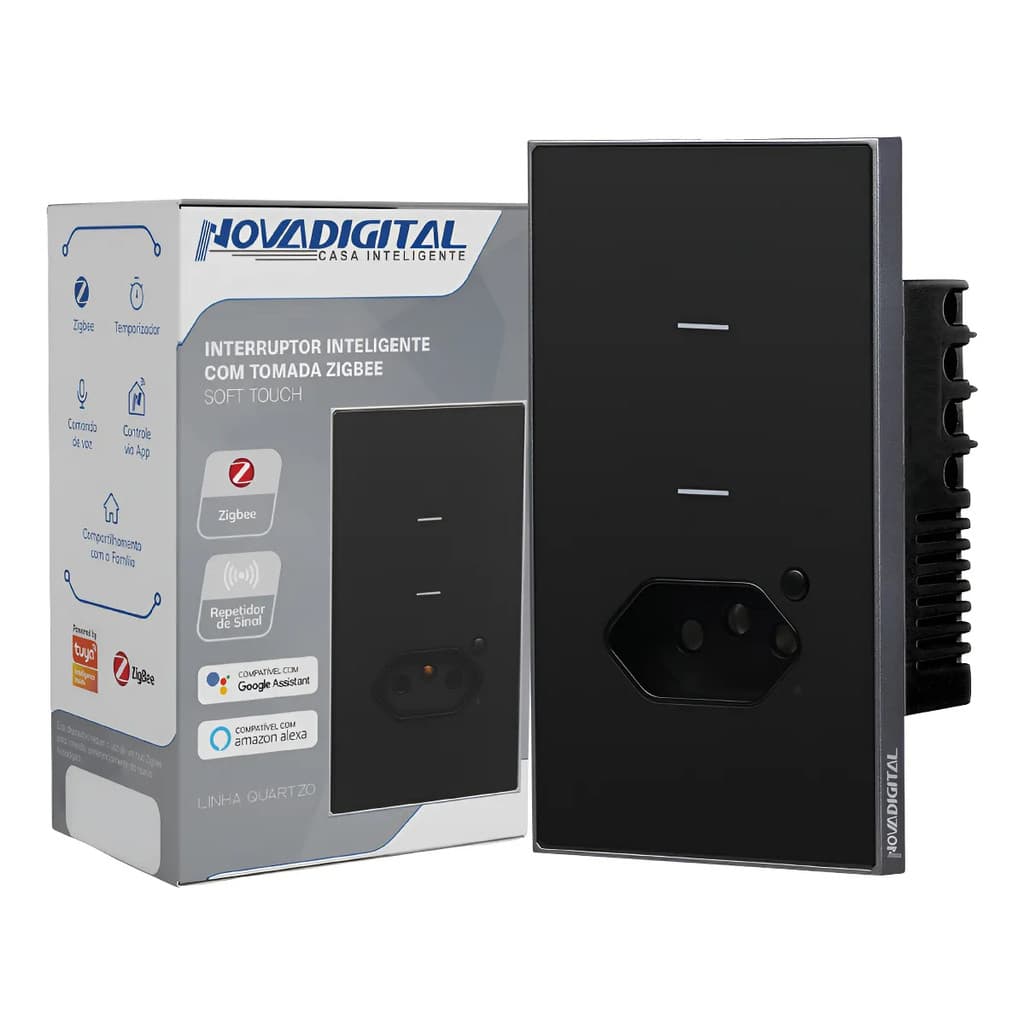 Interruptor Inteligente Zigbee Soft Touch 2 teclas + tomada Quartzo da Novadigital QZ-WK-2B PRETO