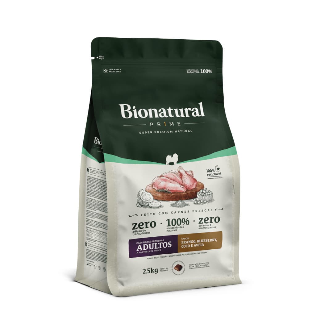 Ração Cães Bionatural Prime 2,5kg Adulto Raças Pequenas Frango Coco Blueberry Chia