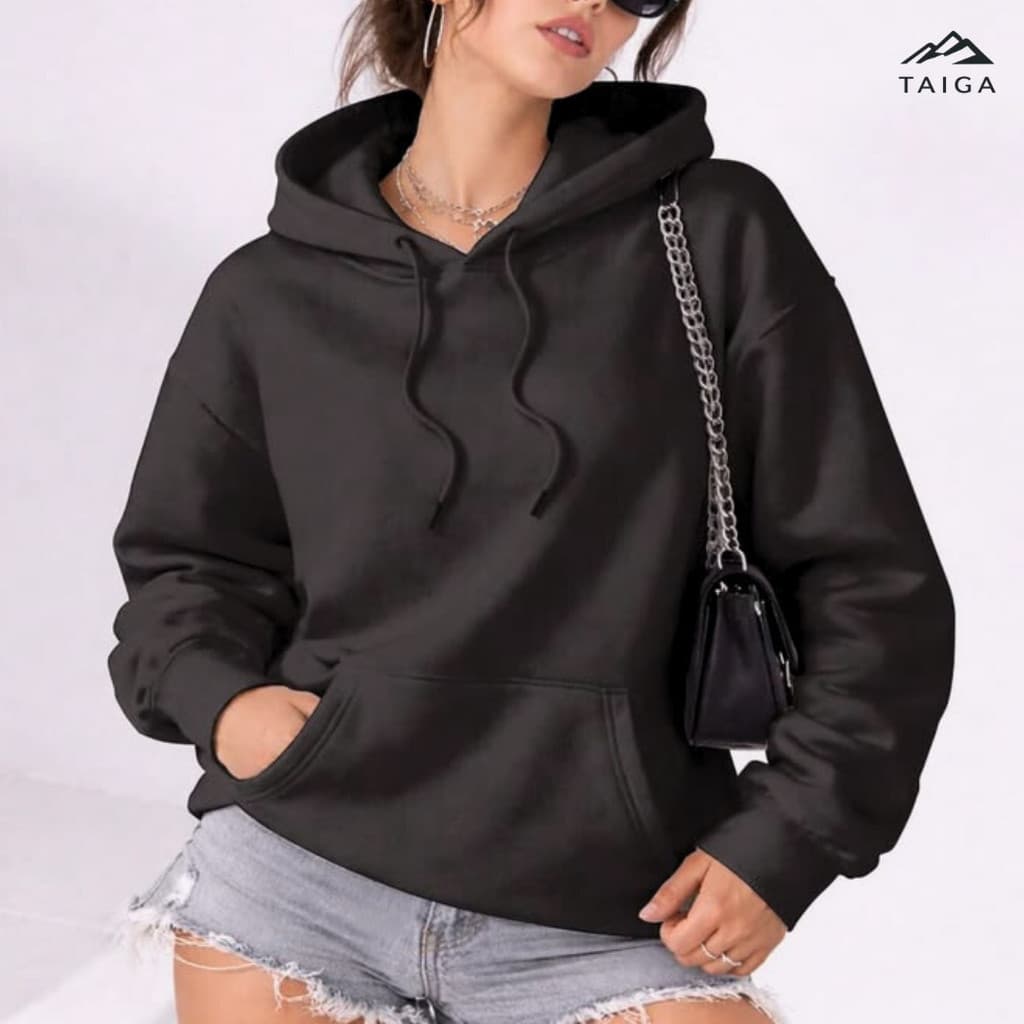 Blusa Feminina Moletom Canguru com Capuz e Bolso Interior Flanelado Blusão Inverno Feminino