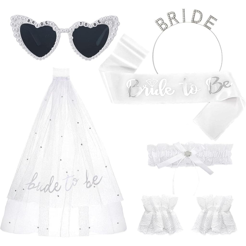 Conjunto de 6 Acessórios para Festa de Despedida de Solteira com Óculos de Sol em Forma de Coração, Tiara, Faixa e Véu p
