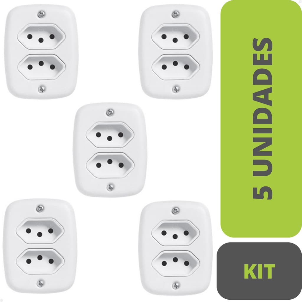 Kit 5x Tomada Dupla Sobrepor 20A Pluzie Sistema X com Caixa Externa Branca