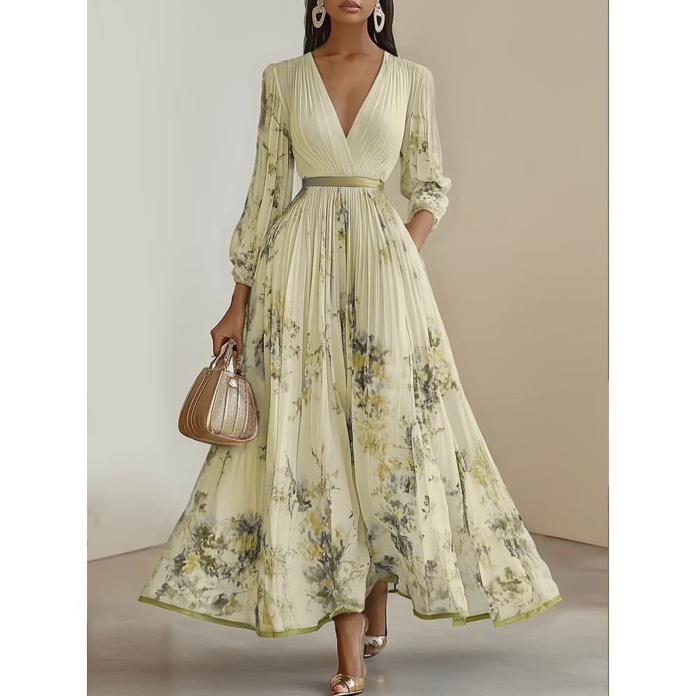 2026 Vestido Maxi Floral Feminino Casual Com Decote Em V Vestidos De Manga Comprida Para Festa De Véspera De Ano Novo