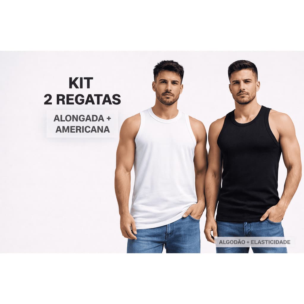 Kit 2 Regatas Masculinas Alongada 100% Algodão + Americana Ribana 98% Algodão 2% Elastano