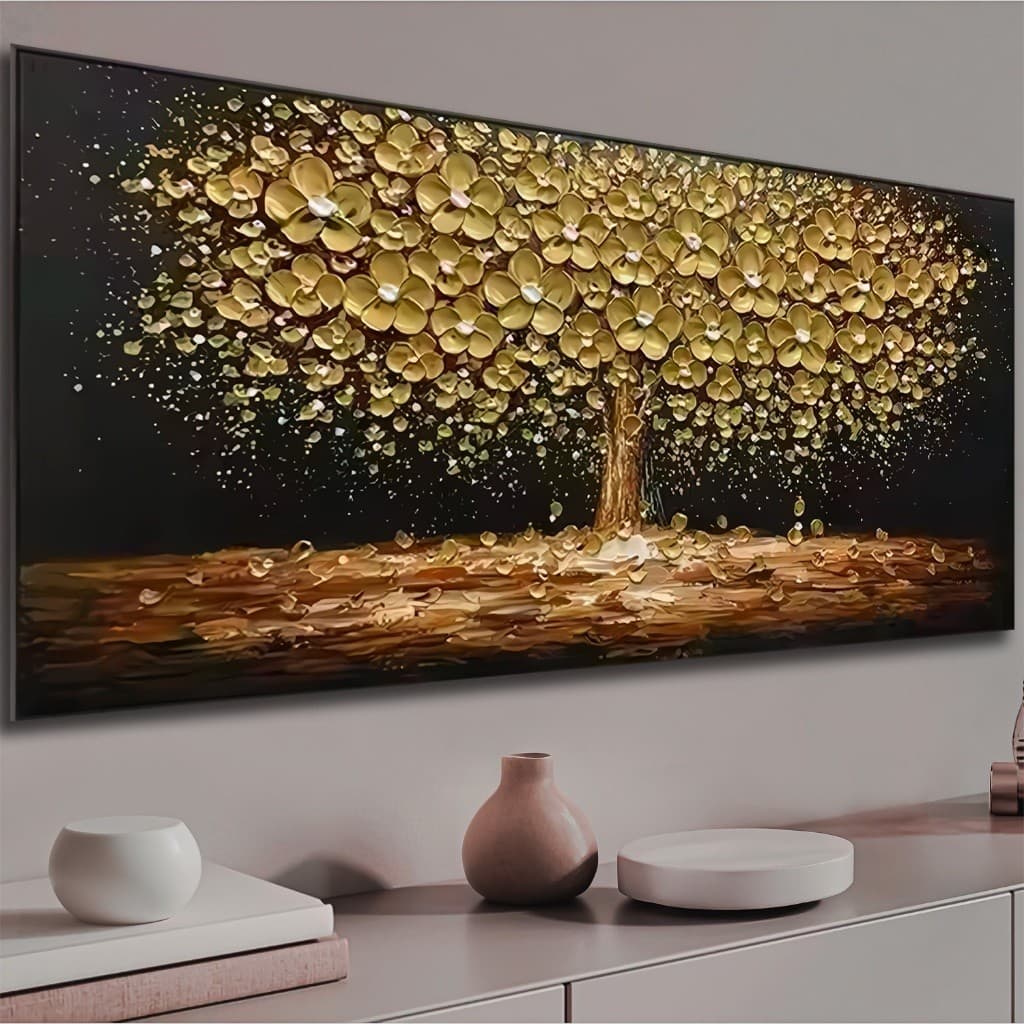 Quadros Decorativos Sala 112X80 Arvore Dourada Luxo Horizontal Quarto Envio Imediato